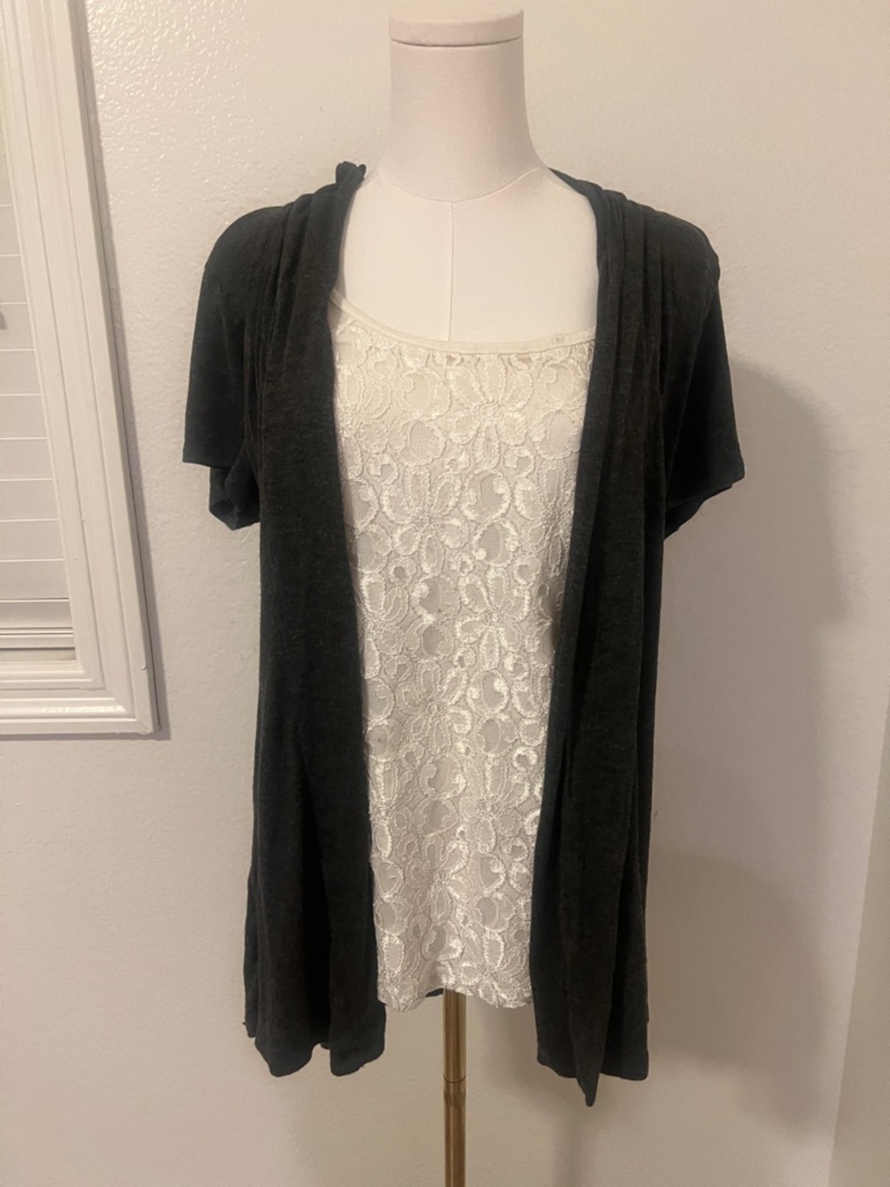 Lavish Black Open-Front Short Sleeve Cardigan with White Lace Tank